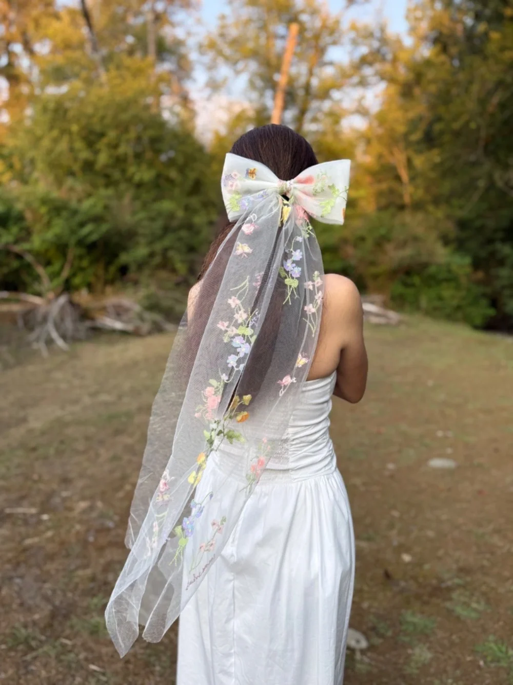 Embroidered Floral Tulle Bow Veil, Wildflowers Wedding Hair Accessory
